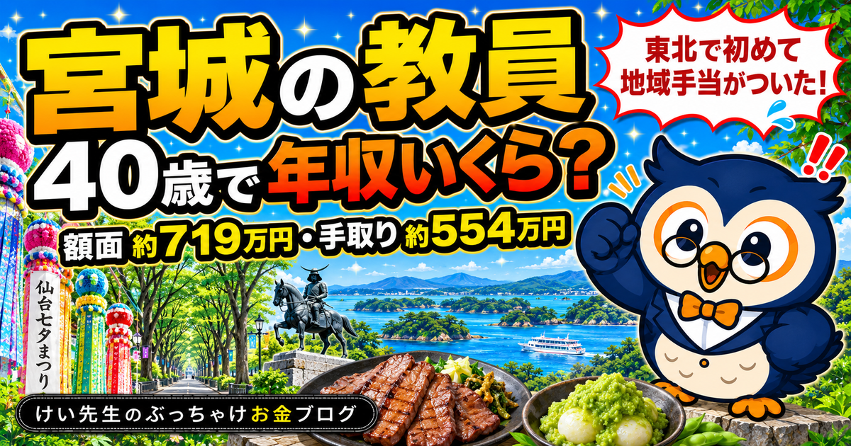 宮城の教員、40歳で年収いくら？給料・手取り・ボーナスを公式データから計算