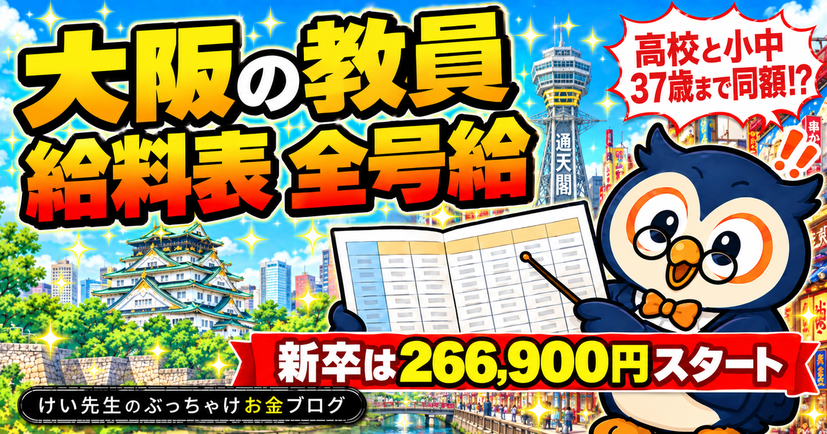 大阪府の教員の給料表（高校・小中学校）を全号給で掲載